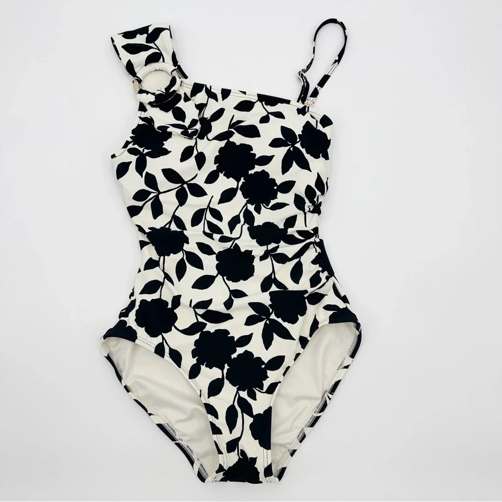 Kate Spade Geranium‎ Grove Buckle One-Shoulder Black Ivory Floral Swimsuit XS